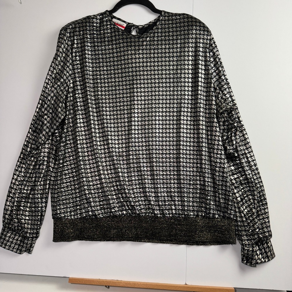Vintage Ms Bond Metallic Silver Houndstooth Blouse Long Sleeve Plus Size 20W USA